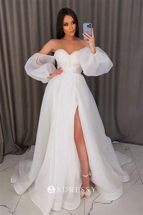 Ivory Organza Sweetheart Puff Sleeve Slit Wedding Dress Xdressy