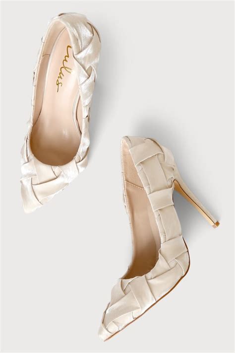 Satin Pointed Toe Pumps Woven High Heel Pumps Nude Pumps Lulus