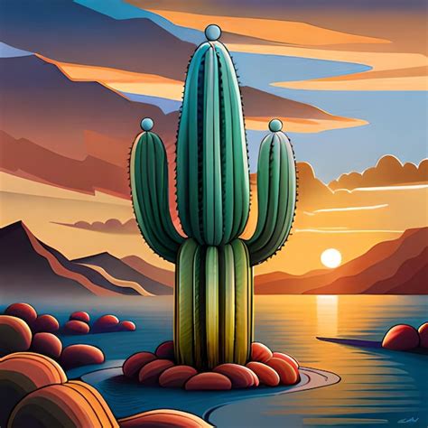 Premium AI Image A Painting Of A Cactus In The Desert With The Sun