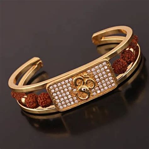 Rudraksh American Diamond Gold Plated Om Cuff Kada Bracelet For Men