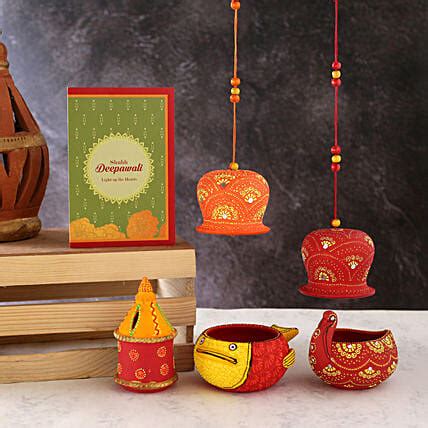 Set Of 4 Beautiful Diyas With Bells And Greeting Card Hong Kong Gift