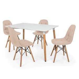 Conjunto Mesa De Jantar Eiffel 120x80cm Branca 4 Cadeiras Dkr Charles Eames Wood Botonê Nude