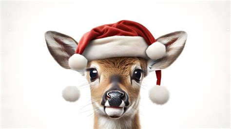 Premium Photo Photorealistic Face Of A Deer In A Santa Hat On A White