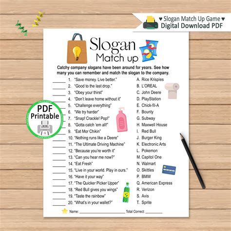 Slogan Match Up Quiz Printable Party Game Company Slogans Activity