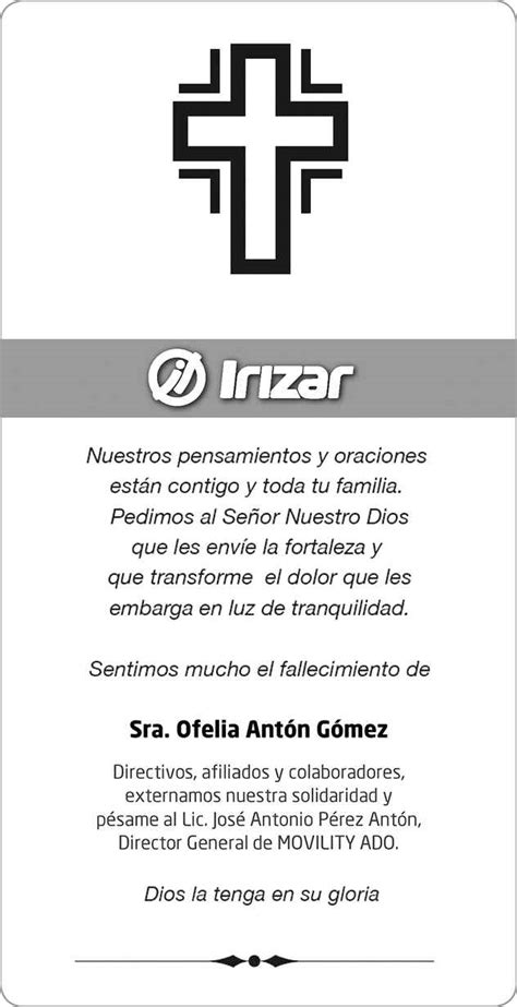 Señora Ofelia Antón Gómez Obituario Esquela