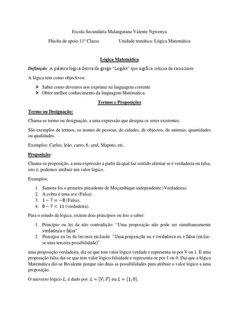 Ficha De Apoio 11a Classe Pdf Lógica Matemática Lógica