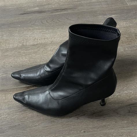 90s inspired faux leather boots with pointed toe and... - Depop