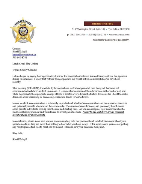 Forwarded Larch Creek Fire PSA from Wasco County Sheriff Lane Magill