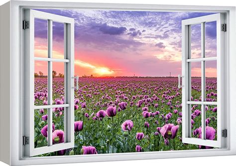 Aatoeax Canvas Print Wall Art Window View Sunset Purple Orchid Daisy