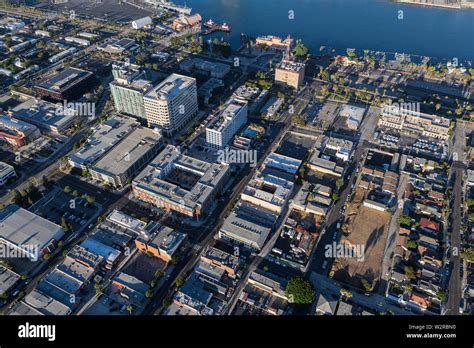 Afternoon Aerial View Of Downtown San Pedro Buildings And Waterfront In