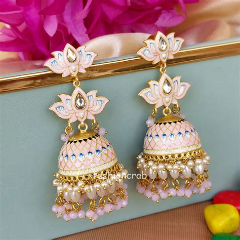 Light Pink Meenakari Lotus Jhumka Earring For Wedding Fashioncrab