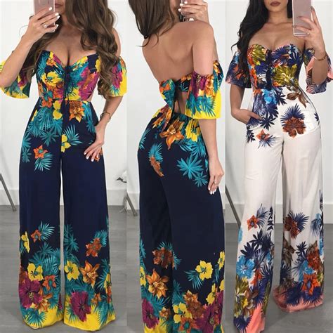 Women Summer Jumpsuit Off Shoulder Backless Bandage Floral One Piece