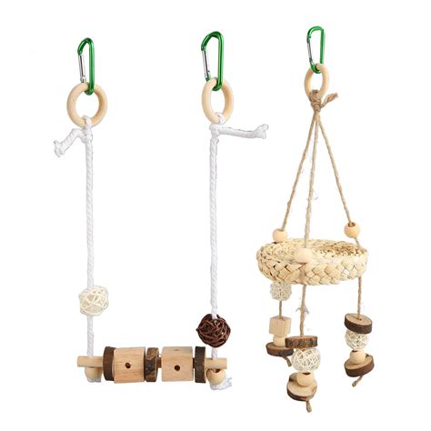 Powkky Parrot Swing Hanging Toy Funny Logs Rattan Balls Cotton Rope