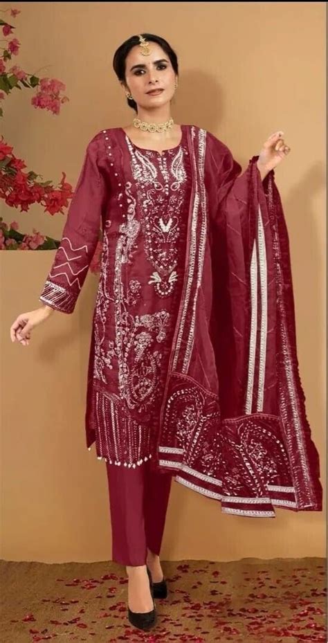 Pakistani Designer Party Wear Women Dress Hvy Work Organza Red Stich