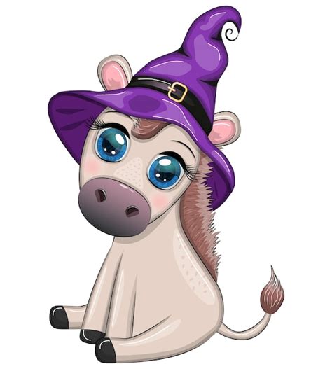 Premium Vector Cute Donkey In Purple Witch Hat With Broom Pumpkin