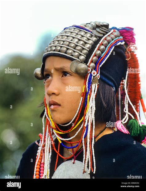 Akha Girl With Traditional Clothing And Headdress Portrait Chiang Rai