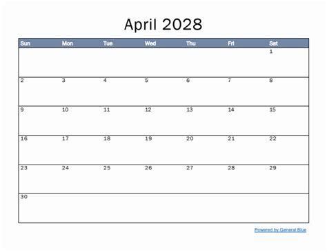 Monthly Calendar Template for April 2028