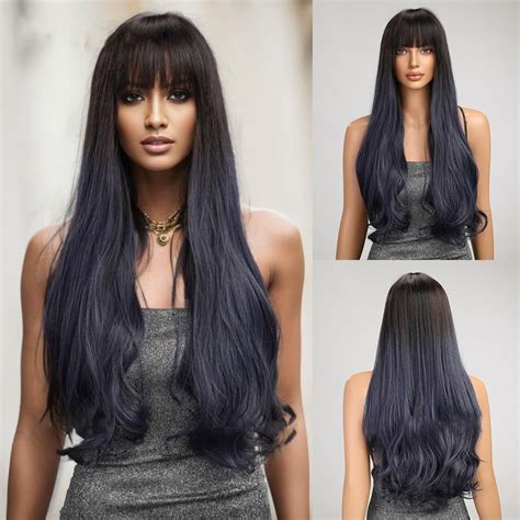 Amazon POLOSU Long Ombre Black Brown To Blue Wigs With Bangs For