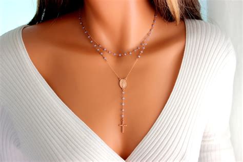 Best Seller Rose Gold Rosary Necklace Women Mystique Blue Chalcedony