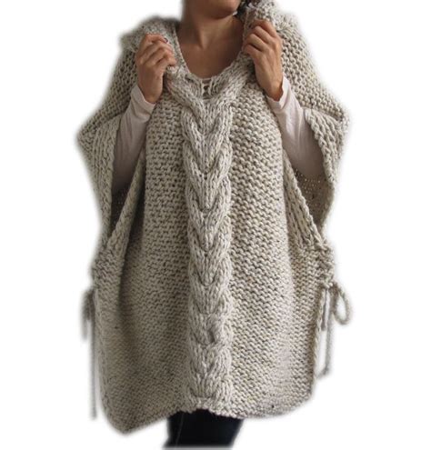 Plus Size Knitting Poncho With Hoodie Over Size Tweed Beige Cable Knit By Afra Ponchos