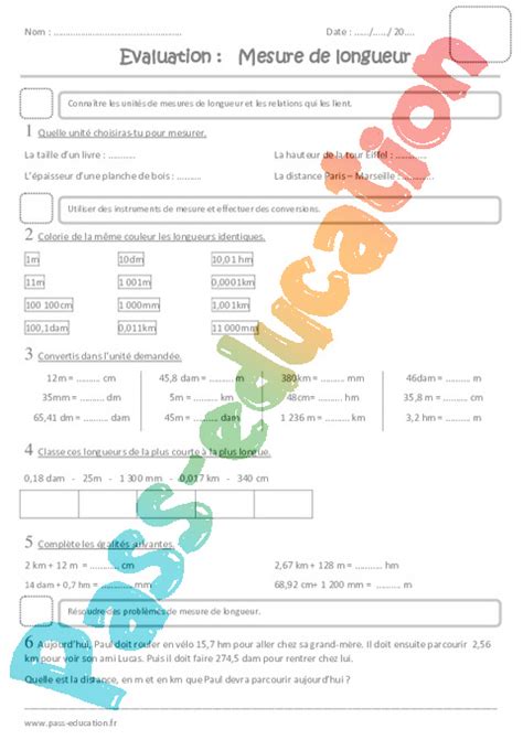 Mesure De Longueurs Examen Evaluation Longueur Cm M Km Eme