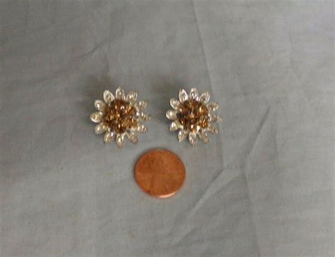 Vintage Signed Lisner Amber Clear Rhinestone Flower Gem