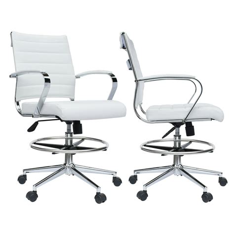 2xhome Set Of 2 White Office Drafting Chair Ribbed Padded Open Mid Back