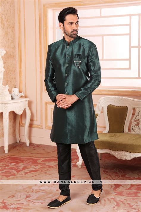 Bottle Green Raw Silk Nawabi Style Indo Western Sherwani With Art Silk Pant