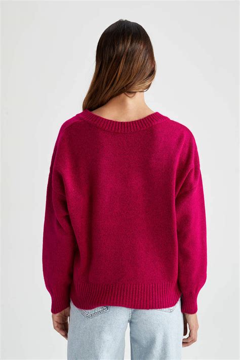 Pink Woman Relax Fit V Neck Pullover Defacto