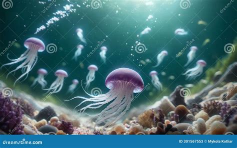 Jellyfish Ballet In Magical Underwater Scene Stock Image Image Of