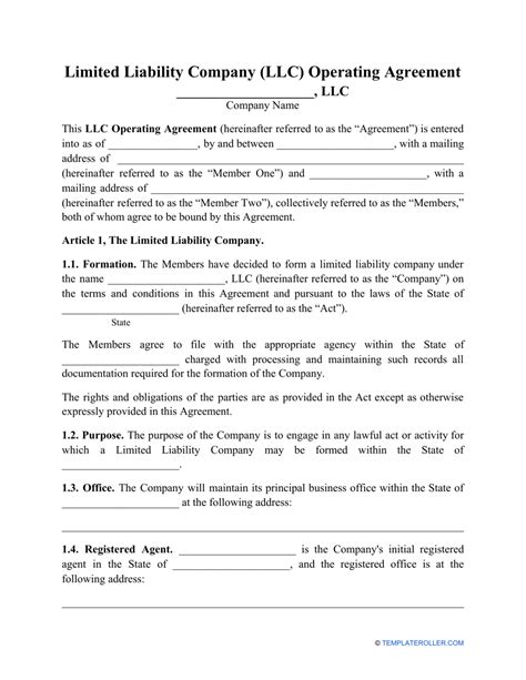 Limited Liability Company Llc Operating Agreement Template Fill Out