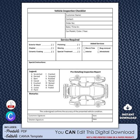 Auto Detailing Work Order Template And Pre Detailing Vehicle Inspection