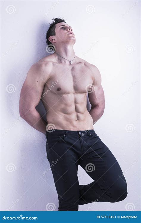 Handsome Topless Muscular Man Standing Studio Stock Image Image Of