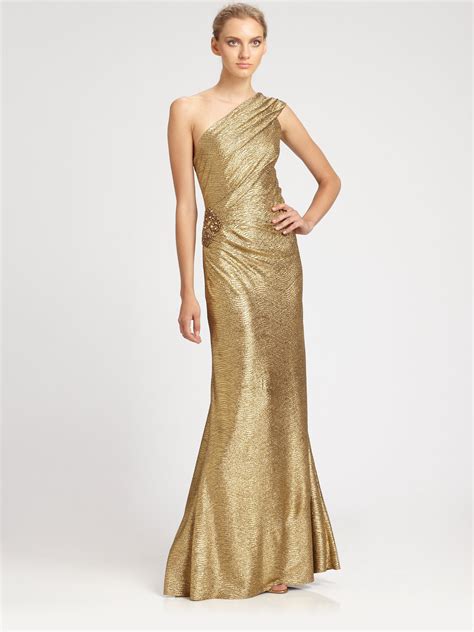 Lyst David Meister One Shoulder Metallic Gown In Metallic