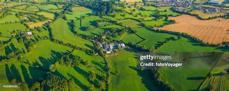 Aerial Panorama Over Green Fields Idyllic Farm Pasture Crops Villages