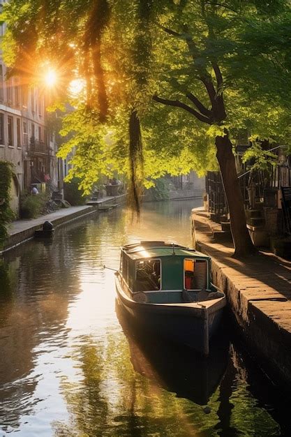 Premium AI Image A Boat Is Docked On A Canal In Amsterdam