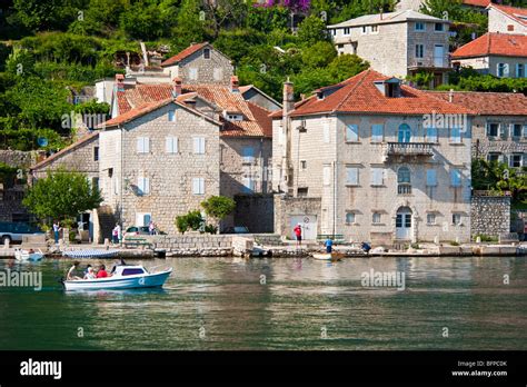 Facades Along Waterfront Near Historic City Of Perast Risan Bay Bay