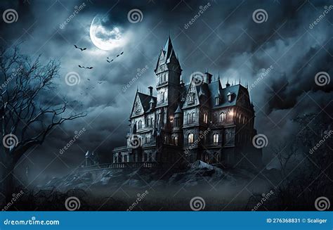 Haunted Gothic Castle At Night Old Spooky Mansion On Halloween