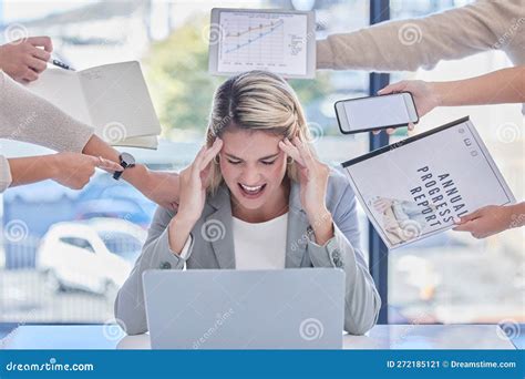 Headache Multitask And Business Woman In Stress Anxiety And Burnout Of Deadlines Time