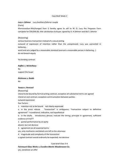 THU Contract Law Brief On Some Cases Case Brief Week 2 Lucy V