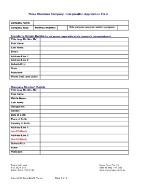 Fillable Online Three Directors Company Incorporation Application Form