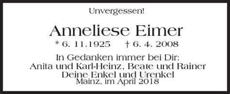 Traueranzeigen Von Anneliese Eimer Vrm Trauer De