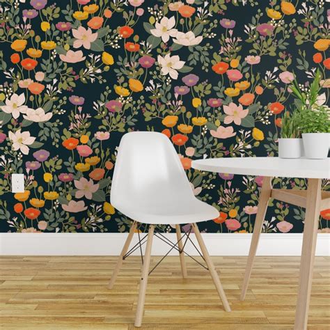 Pre Pasted Wallpaper 2ft Wide Botanical Garden Floral Colourful Poppies Romantic Illustration