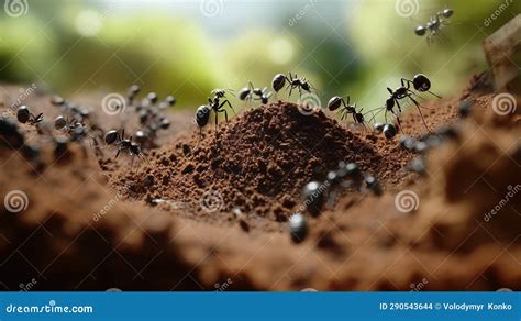 Ants on a dirt mound stock photo. Image of teamwork - 290543644