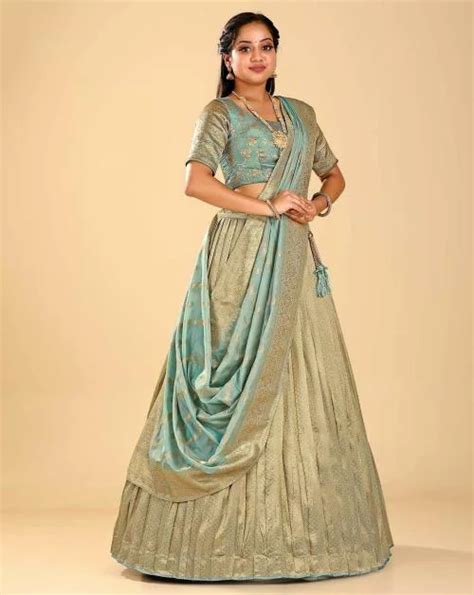 Buy HALFSAREE STUDIO Sea Green Zariwork Banarasi Silk Semi Stitched