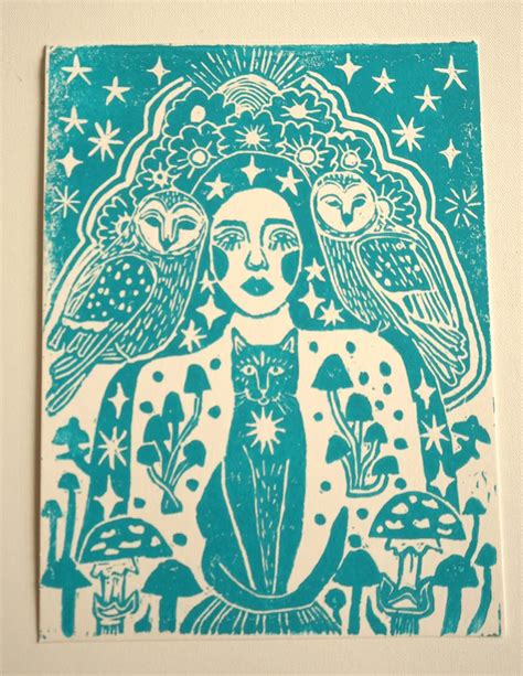 Goddess Mushroom Owl Cat Lino Print Art Cat Lino Print Witchy Art Witchy Lino Print Owl Art