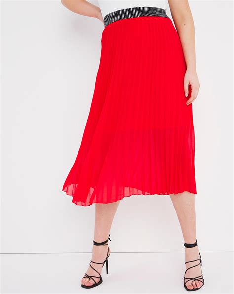 Red Pleated Midi Skirt With Waistband Simply Be