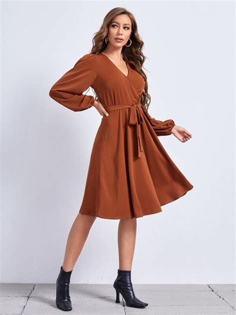 SHEIN Bishop Sleeve Self Belted Satin Dress SHEIN USA