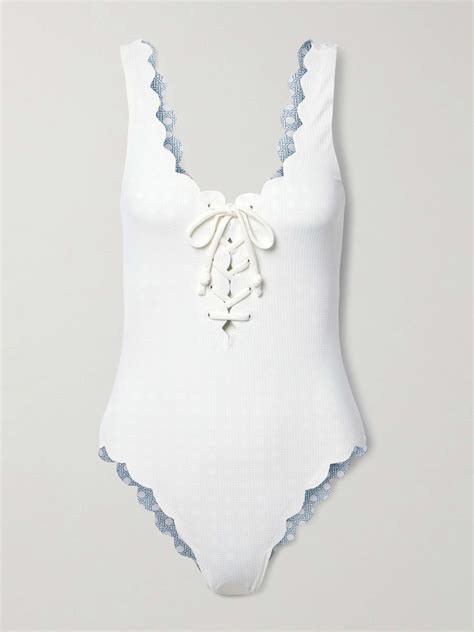 MARYSIA Palm Springs Reversible Lace Up Scalloped Seersucker Swimsuit