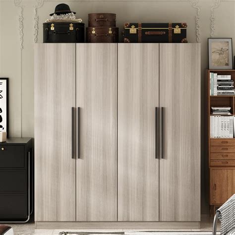 FUFU GAGA Gray Wood 63 In W 4 Door Wardrobe Armoires With Hanging Rod